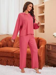 飄肩束腰連帽t恤和褲子休閒套裝 - 玫紅色 - 查看 5