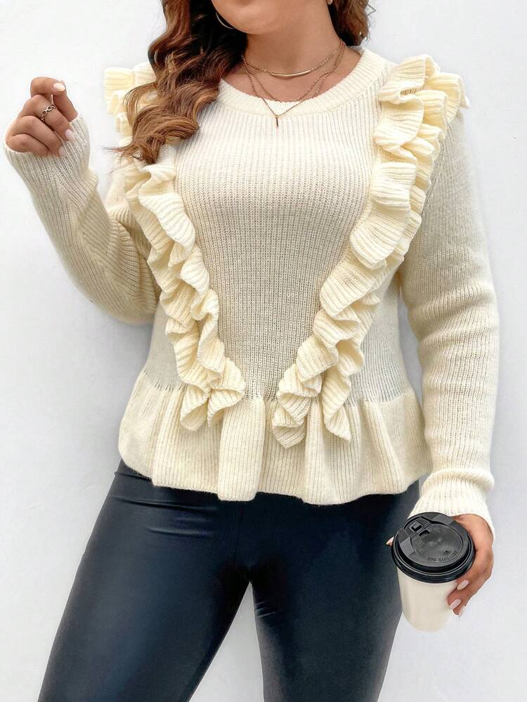 Plus Ruffle Trim Sweater Knit Pullover Fall Winter Sweater