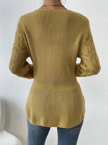 SHEIN Clasi 鏤空拼接底邊荷葉邊毛衣 - 棕色 - 查看 2