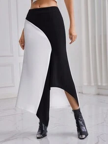 SHEIN Privé Women's Color Block Asymmetrical Hem Skirt - White - View 5