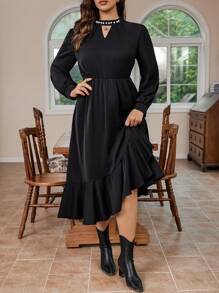 Calvaya Talla grande con perla Decoración de manga farol Vestido con bajo con fruncido - Negro - Ver 3