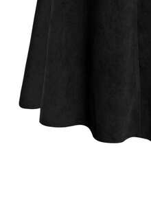 女士复古灯芯绒高腰A字裙，松紧腰纽扣设计，春季款 - 黑色 - 查看 3