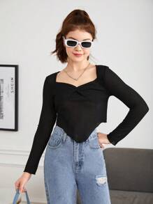 Teen Girl Twist Front Hanky Hem Tee - Black - View 5