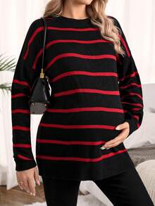 SHEIN Maternity Drop Shoulder Striped Sweater - Black - View 5