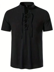 Manfinity Homme Loose Fit Men's Solid Color Shirt With Tie Detail - Black - View 1