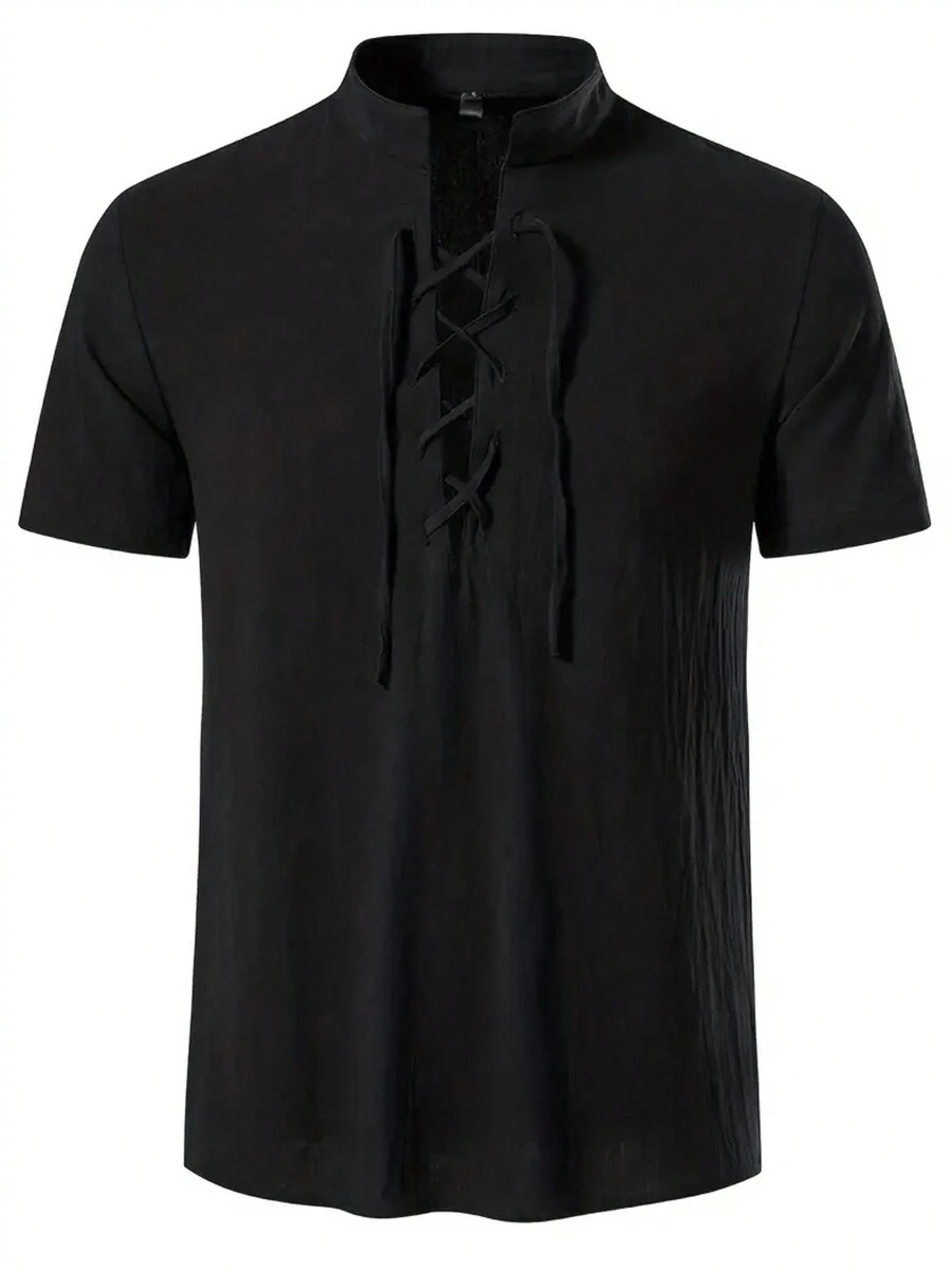 Manfinity Homme Loose Fit Men's Solid Color Shirt With Tie Detail - Black - View 1