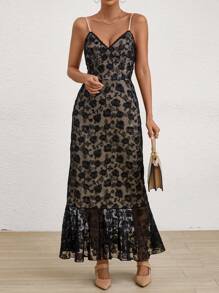 SHEIN Privé 女士花朵刺繡蕾絲汀扣肩裙 - 黑色 - 查看 1