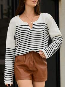 SHEIN Frenchy 條紋圖案缺口領落肩袖套頭毛衣