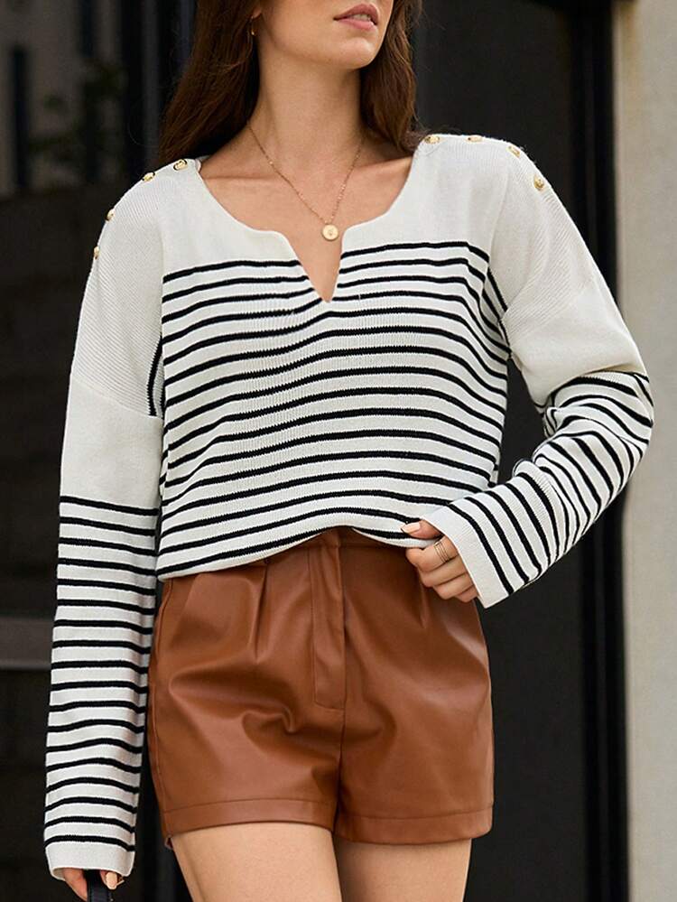 Striped Pattern Notched Neckline Drop Shoulder Sweater Winter Casual