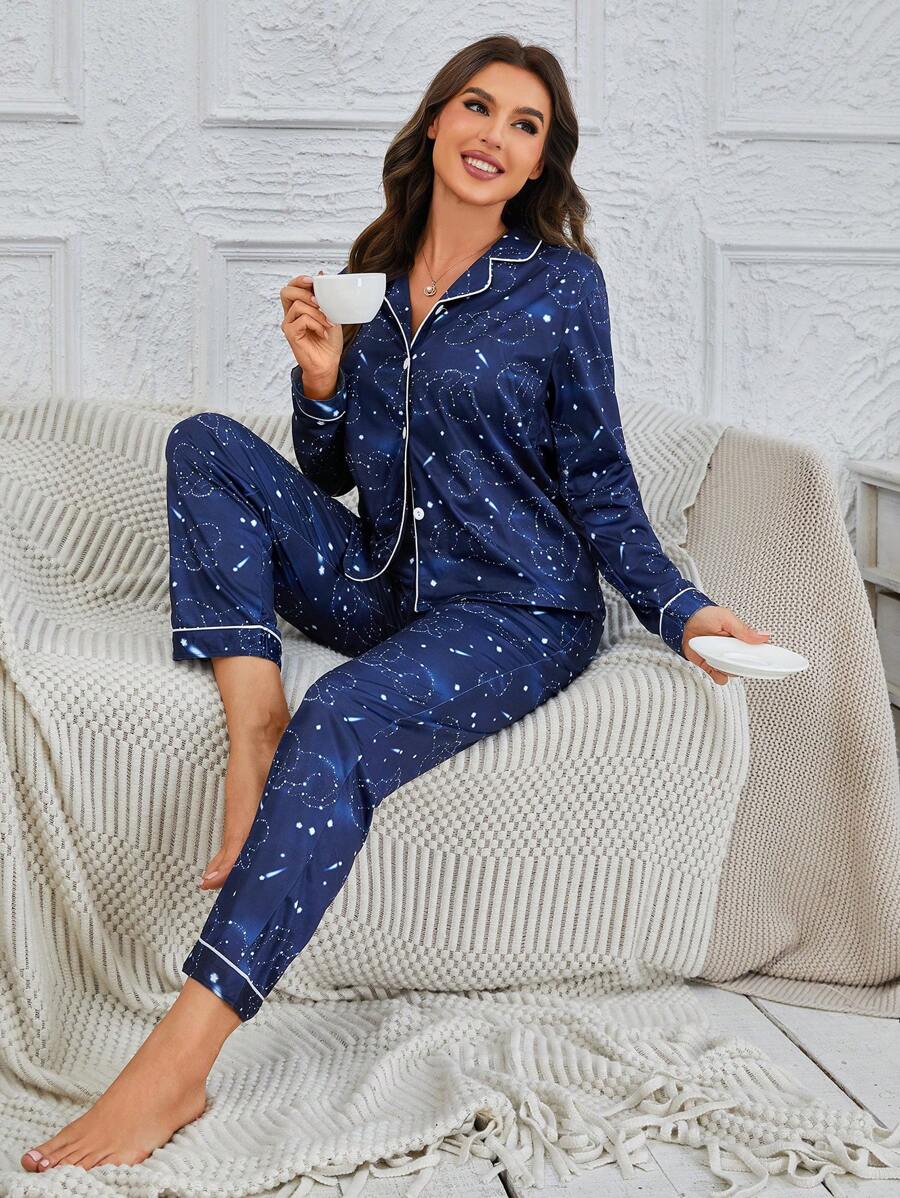 Full Print Collide Color Homewear Set - Navy Blue - View 1