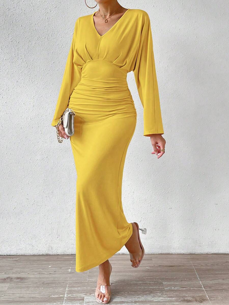 SHEIN Privé tay cánh Đầm Với Xếp li Chi tiết - Màu vàng - Xem 1