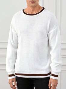 RueChic Men Striped Trim Drop Shoulder Sweater - White - View 3