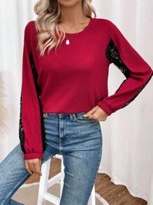 SHEIN LUNE Color Block Sequin Patchwork T-shirt - Burgundy - View 1