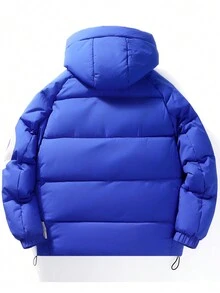 男式字母图案抽绳下摆连帽棉服外套 - 藍色 - 查看 2