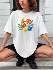 Dany Xavier Mushroom Print Drop Shoulder Tee - White - View 1