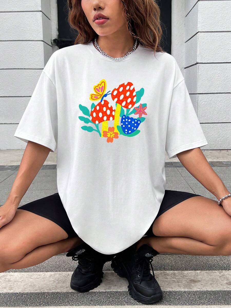 Dany Xavier Mushroom Print Drop Shoulder Tee - White - View 1