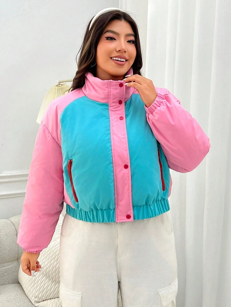 Women's Plus Size Color Block Zipper Front Drop Shoulder Jacket
