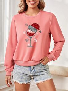 SHEIN LUNE 女性聖誕紅酒杯設計運動衫 - 藕粉色 - 查看 6