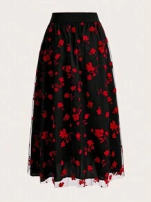 SHEIN LUNE Mesh Skirt With All-Over Floral Print Maxi Women Outfit