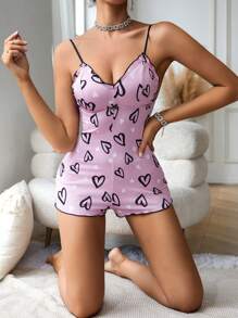 Heart Pattern Cami Sleepwear Jumpsuit With Frill Trimmed - Pink - View 1