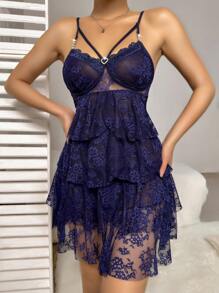 Vestido De Dormir De Tirantes Con Encaje Ahuecado Y Dobladillo Con Ribete - Azul - Ver 4