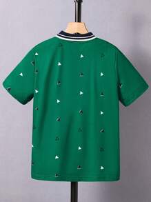 SHEIN Vacaura 十幾歲男孩幾何圖案對比色領短袖polo衫