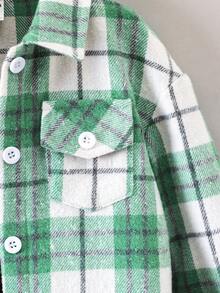 SHEIN 女小童格紋印花翻蓋口袋襯衫不帶T恤 - 綠色 - 查看 6