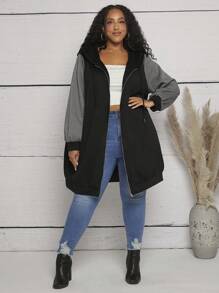 SHEIN CURVE+ 大码撞色拉链抽绳卫衣 - 彩色 - 查看 4