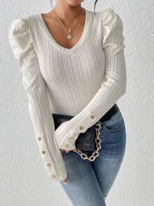 Chiquease V領泡泡袖針織t恤 - 杏色 - 查看 3