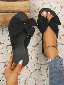 女式蝴蝶結涼鞋,夏季時尚高跟戶外防滑厚底人字拖,海灘度假鞋帶楔形底 - 黑色 - 查看 3