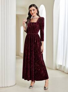 Modelyn Váy dài tay kín đáo cổ vuông màu đỏ tía cho nữ Váy dạ hội dài - Màu Đỏ Sâu - Xem 5