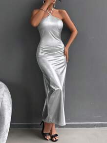 EURMUSE Backless Halterneck Sexy Dress - Silver - View 1