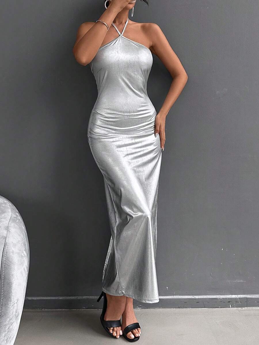 EURMUSE Backless Halterneck Sexy Dress - Silver - View 1