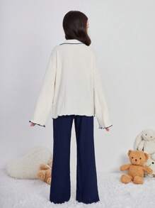 SHEIN 青少年女孩撞色边饰长袖家居服套装，2 件套 - 藏蓝色 - 查看 6