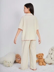SHEIN Tween 女童撞色纽扣衬衫领休闲家居服套装 - 杏色 - 查看 2