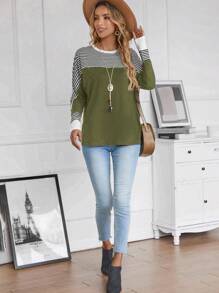 EMERY ROSE Striped Print Batwing Sleeve Tee - Army Green - View 5
