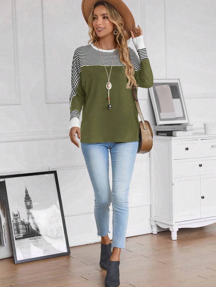 Striped Print Batwing Sleeve Tee