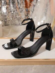 Timesize 女性黑色高跟鞋工作涼鞋帶粗跟,新品到貨適合夏天 - 黑色 - 查看 2