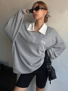 DAZY Khối màu Đứng cổ áo Thư thêu Thả vai Áo nỉ - Xám - Xem 4
