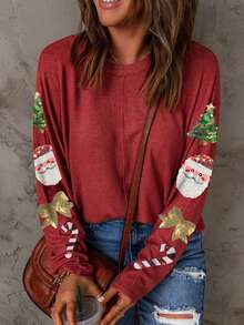 Sequin Christmas Print Raglan Sleeve Tee - Multicolor - View 3