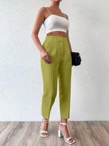 EURMUSE 純色折疊和摺褶錐形褲 - 橄欖綠 - 查看 5