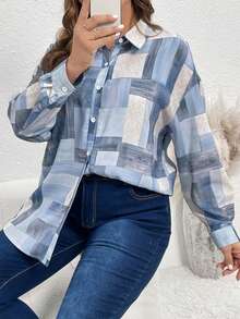 SHEIN LUNE Plus Size Loose Fit Floral Printed Drop Shoulder Sleeve Shirt - Blue - View 6