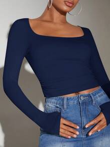 SHEIN BAE Camiseta con cuello cuadrado y drapeado - Azul Marino - Ver 5