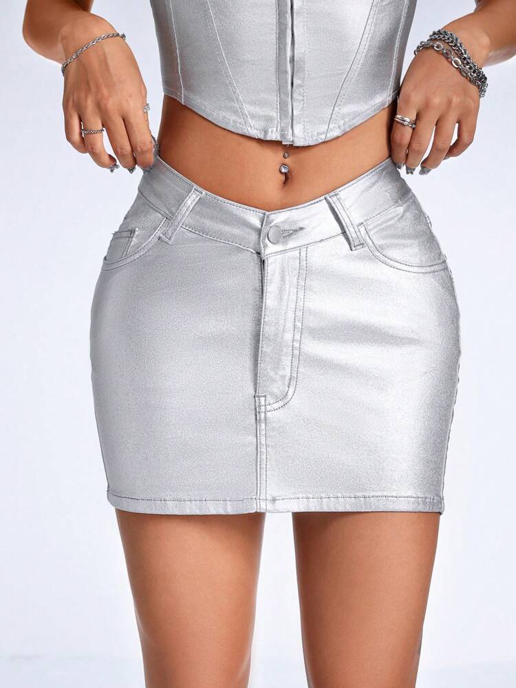 Women Summer Metallic Bodycon Mini Skirt