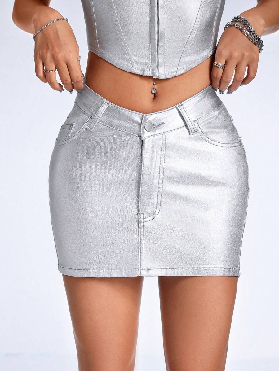 SHEIN ICON Váy ngắn Bodycon ánh kim mùa hè dành cho nữ - Bạc - Xem 1