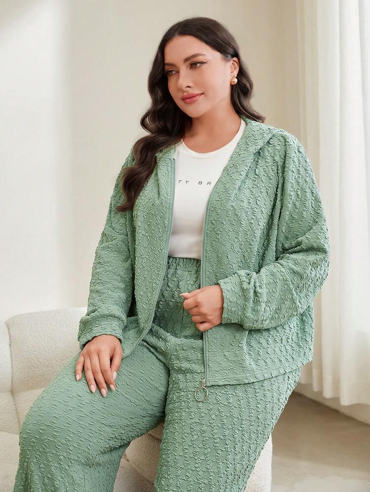 Women's Plus Size Solid Color Zip Front Hooded Jacket And Wide Leg Pants Two-Piece Set 2 Piece Set