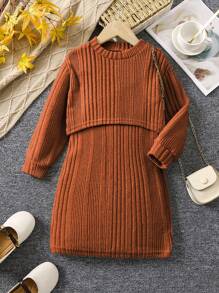 SHEIN Cô Gái Trẻ Hem cao thấp Áo thun & Váy Dây - màu nâu - Xem 5