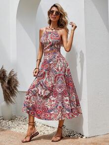 SHEIN VCAY Paisley Print Top & Split Thigh Skirt - Multicolor - View 4