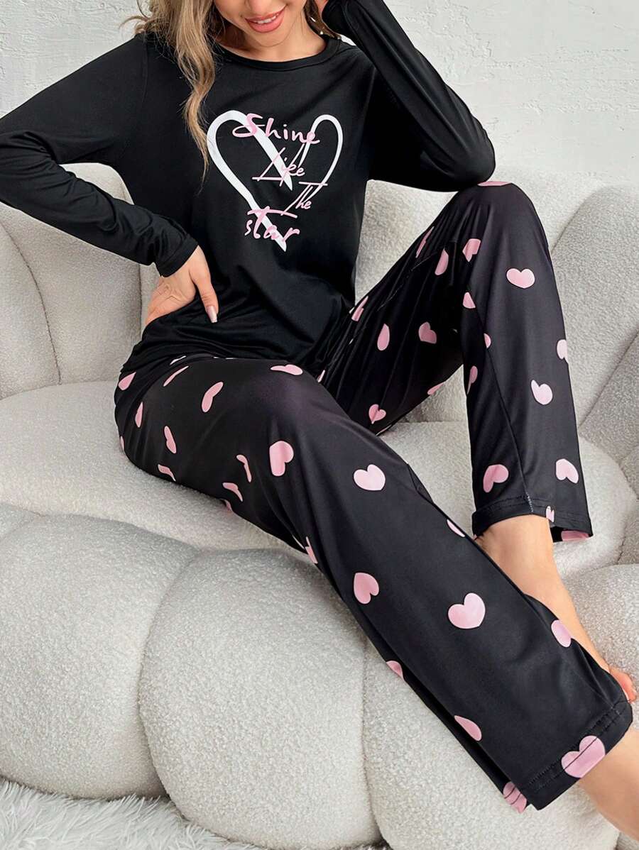 Conjunto De Pijama Con Estampado De Corazón Y Eslogan - Negro - Ver 1