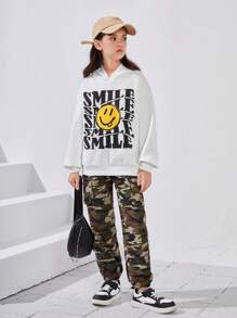 SHEIN Tween Girl Cartoon & Letter Graphic Hoodie & Camo Print Pants